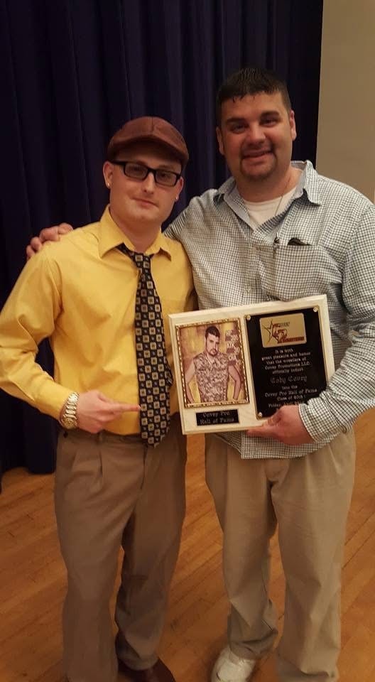 The surprise induction moment — Cody Covey receiving his Hall of Fame plaque from Ring Announcer/Referee Shawn Kelley after being presented on stage by Crazii Shea and Big John Greene on the eve of the final Covey Pro show, April 22nd, 2016